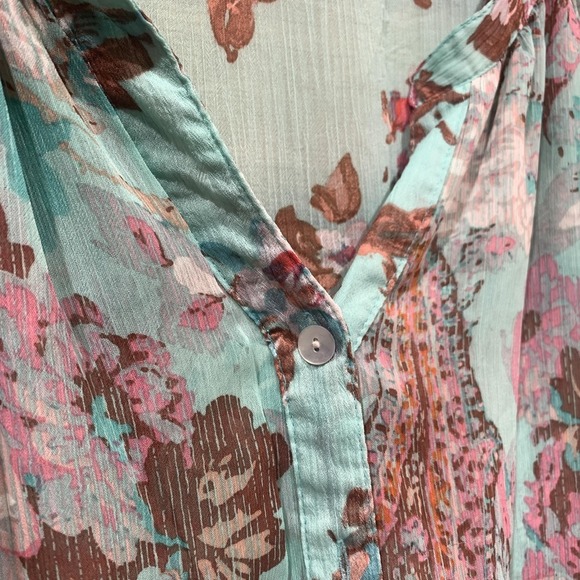 Figueroa & Flower Blouse Womens XL Teal Floral Sheer Button Front Paisley - Picture 6 of 11